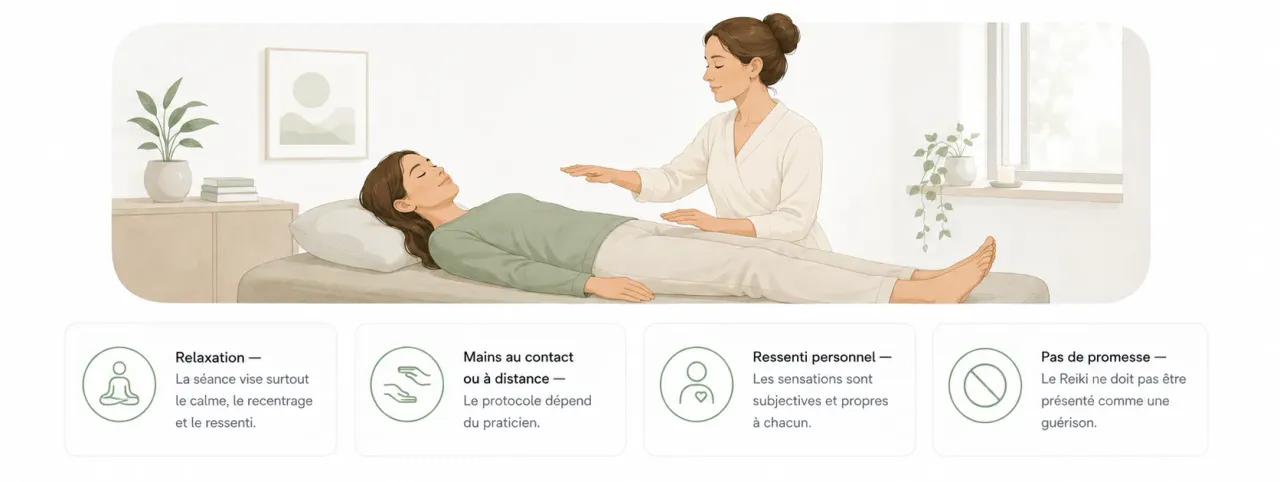 Infographie Holia expliquant le rôle d’un praticien Reiki : relaxation, mains au contact ou à distance, ressenti personnel et absence de promesse de guérison.