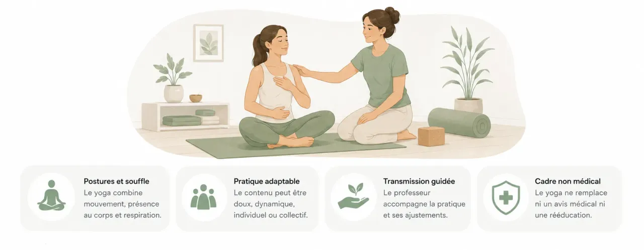 Infographie Holia expliquant le rôle d’un professeur de yoga : postures, respiration, adaptation de la pratique et cadre non médical.