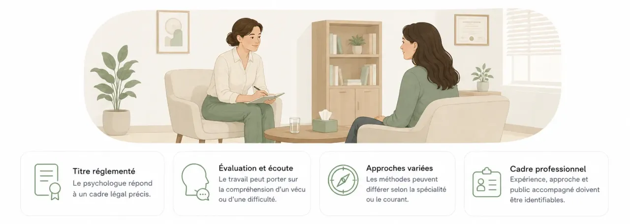 Infographie Holia expliquant le rôle d’un psychologue : titre réglementé, évaluation psychologique, accompagnement psychique et approches variées.