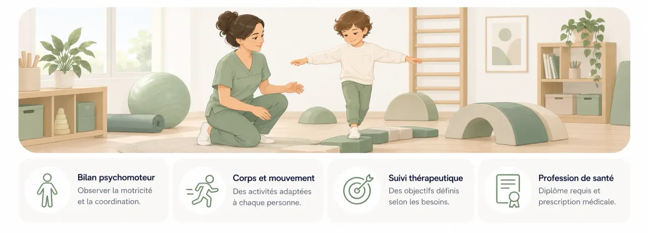 Psychomotricienne guidant un enfant sur un parcours moteur ; repères sur le bilan, la coordination, le suivi et le cadre de profession de santé.