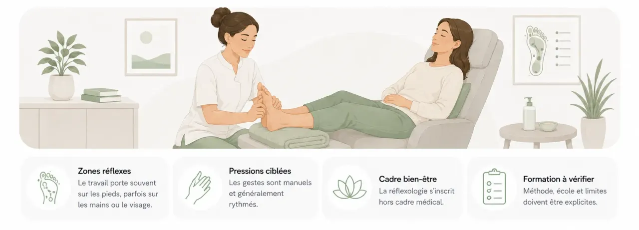 Infographie Holia expliquant le rôle d’un réflexologue : zones réflexes, détente, techniques utilisées et cadre de bien-être.