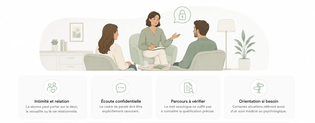 Infographie Holia expliquant le rôle d’un sexologue : intimité, désir, relation, écoute confidentielle et formation à vérifier.