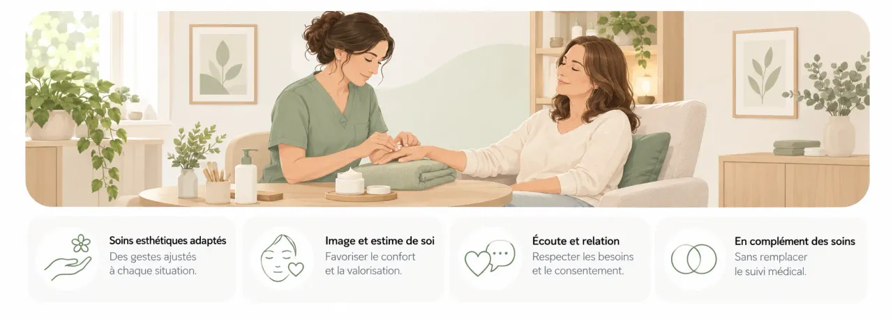 Socio-esthéticienne réalisant un soin des mains ; repères sur les soins adaptés, l’image de soi, l’écoute et la complémentarité des soins.