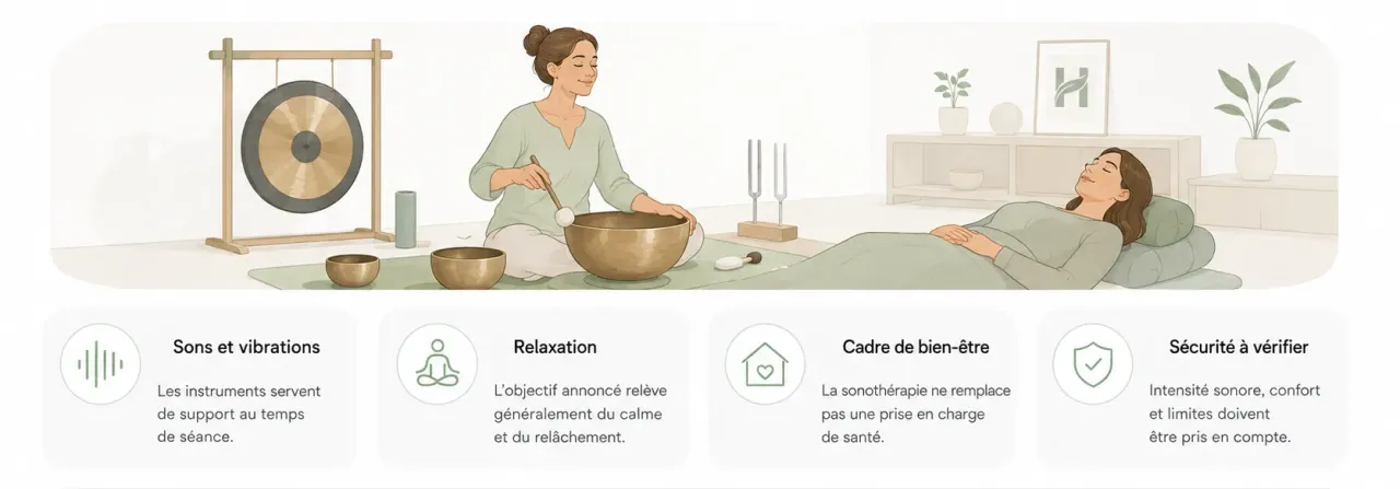 Infographie Holia expliquant le rôle d’un sonothérapeute : sons, vibrations, relaxation, sécurité auditive et limites.