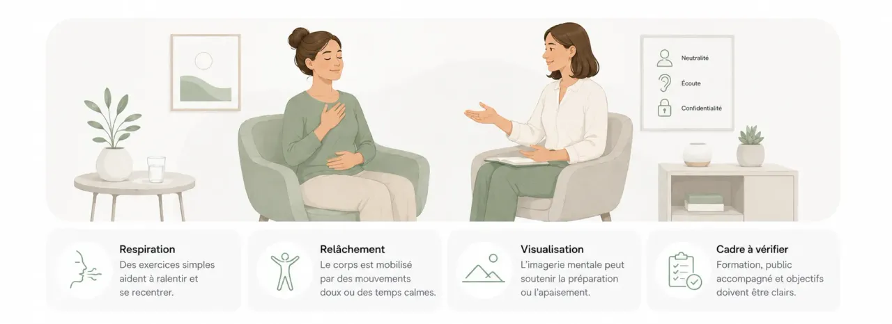 Infographie Holia expliquant le rôle d’un sophrologue : respiration, relâchement, visualisation et cadre non médical.