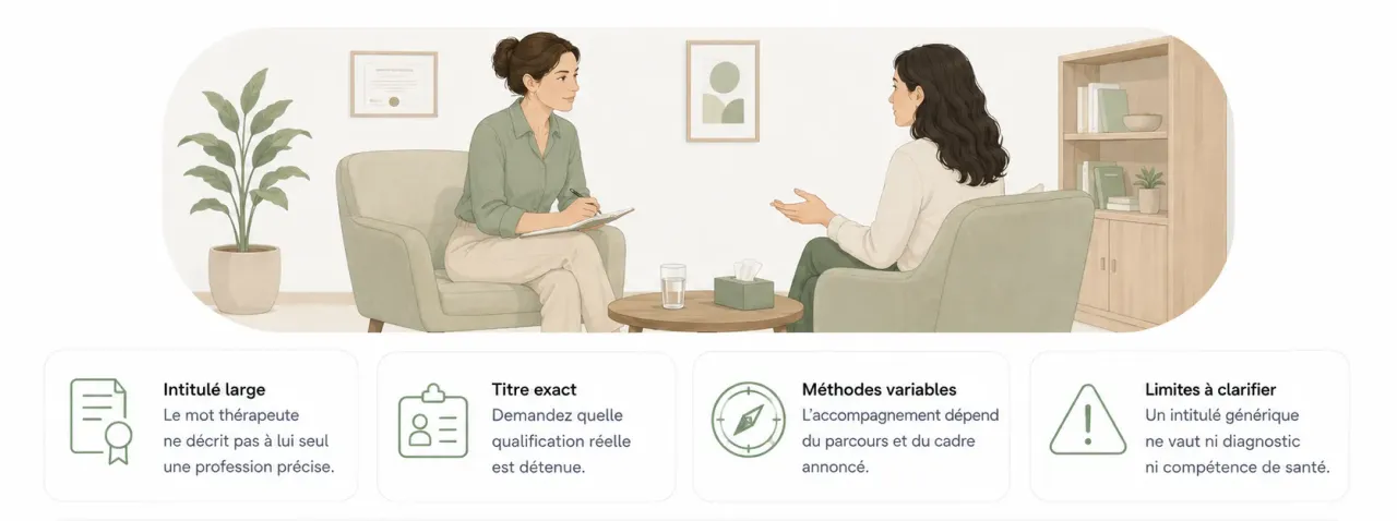 Infographie Holia expliquant le rôle d’un thérapeute : intitulé générique, titre exact à vérifier, méthodes variables et cadre d’accompagnement.