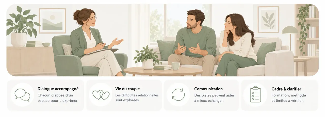 Thérapeute animant un dialogue entre deux partenaires ; repères sur la parole de chacun, les difficultés relationnelles et le cadre d’accompagnement.