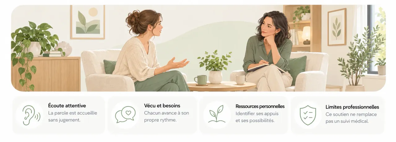 Professionnelle en relation d’aide écoutant une femme ; repères sur l’écoute, les besoins, les ressources et les limites de l’accompagnement.