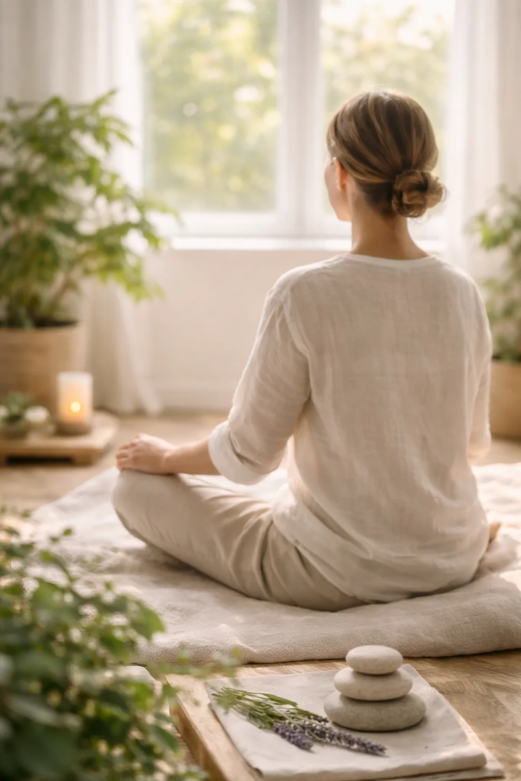 Personne en méditation dans une pièce baignée de lumière, séance de sophrologie