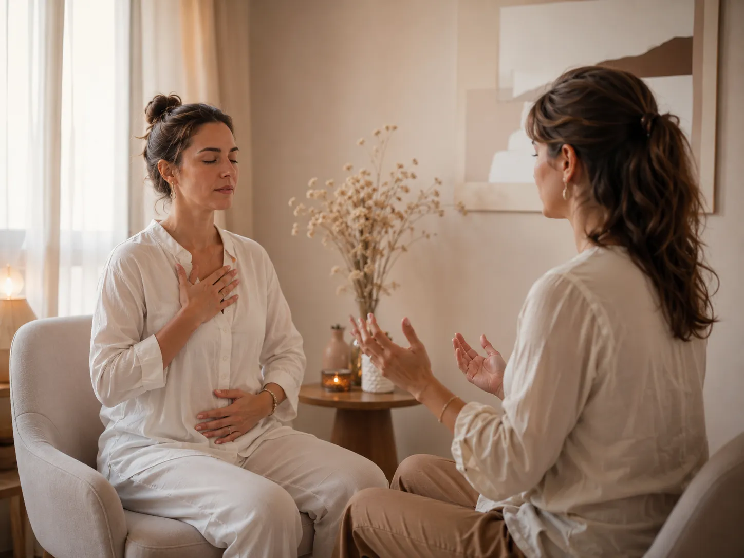 Personne assise dans un espace calme, accompagnée pour mieux vivre avec les acouphènes