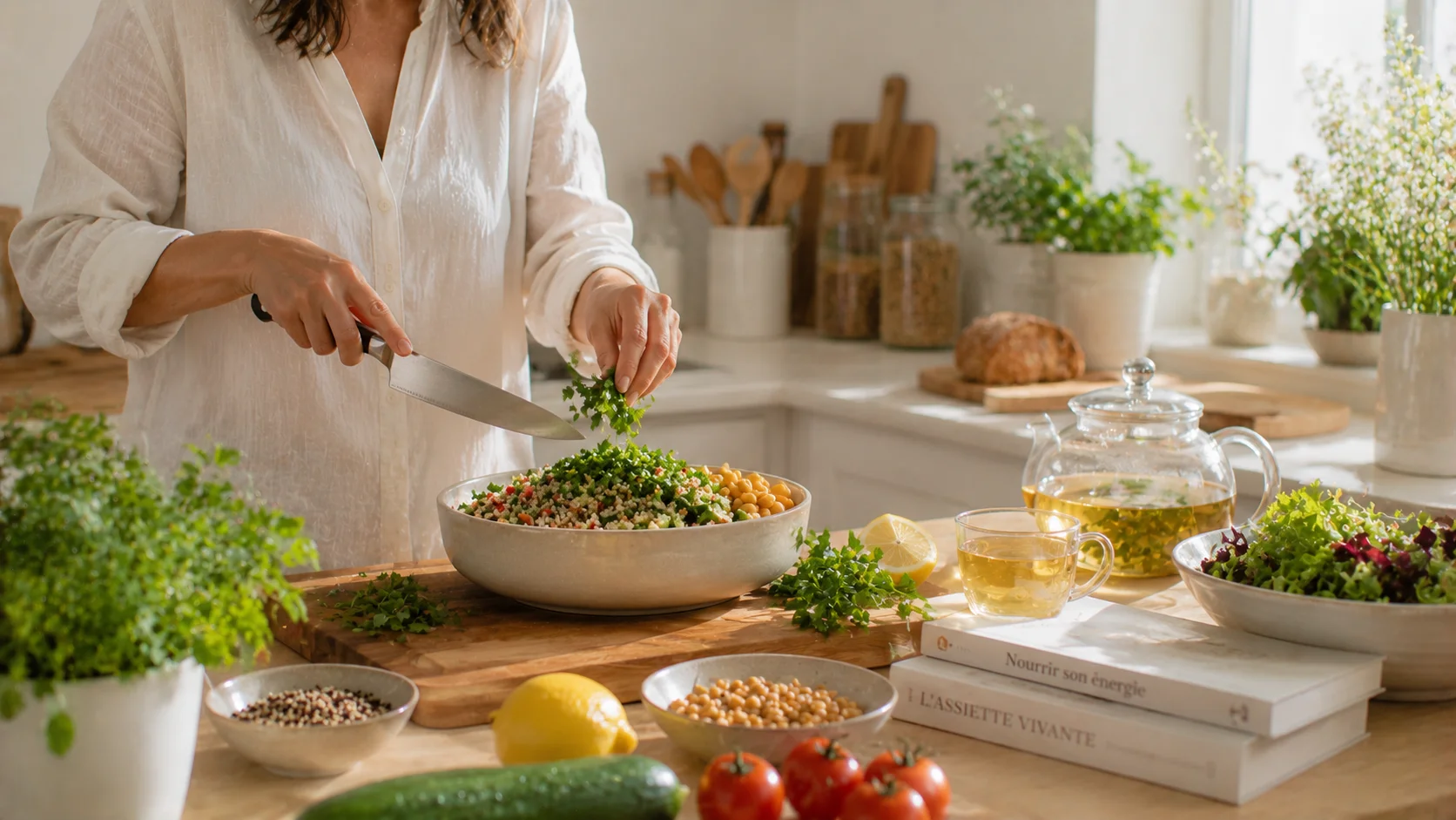 Alimentation équilibrée et hygiène de vie saisonnière, lumière douce.