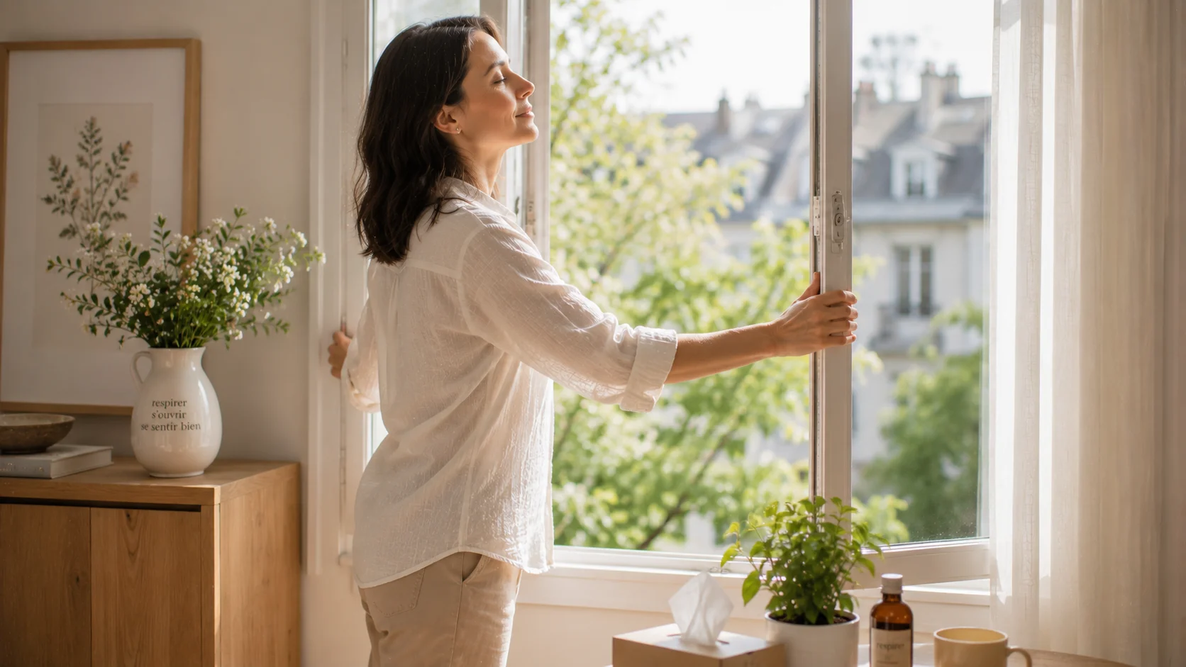 Confort quotidien et bien-être face aux allergies saisonnières, lumière naturelle.