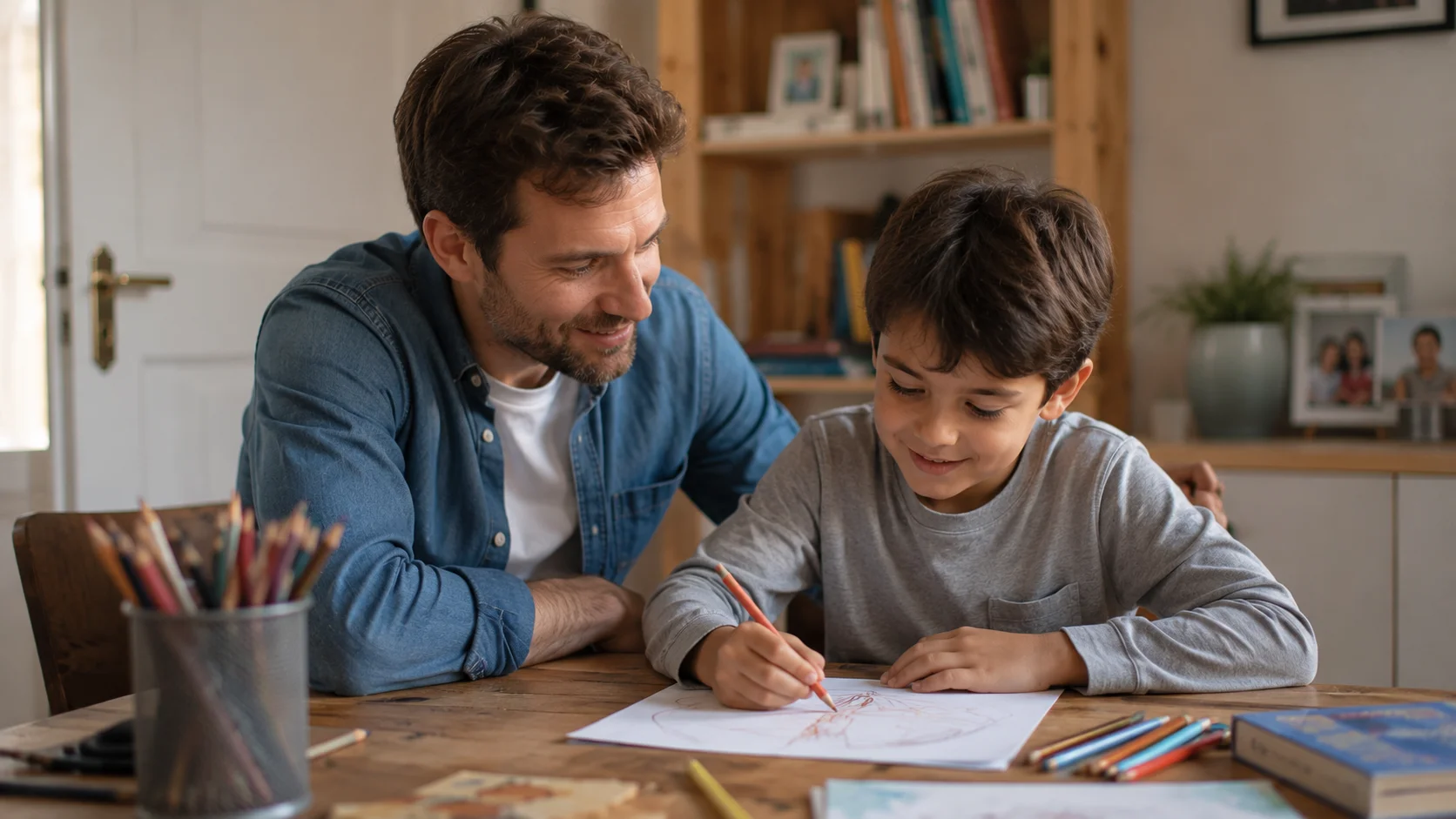 Ambiance douce : intérieur tamisé, moment de soutien après l'école.