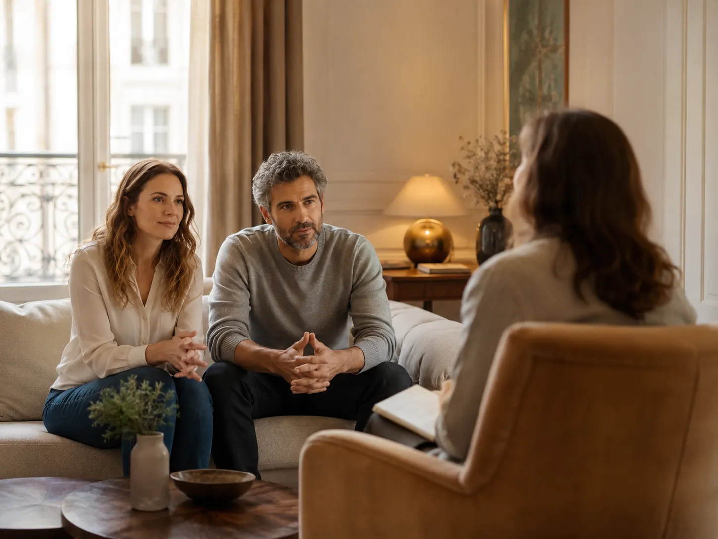 Deux adultes dans un cadre calme évoquant un accompagnement autour de la communication de couple