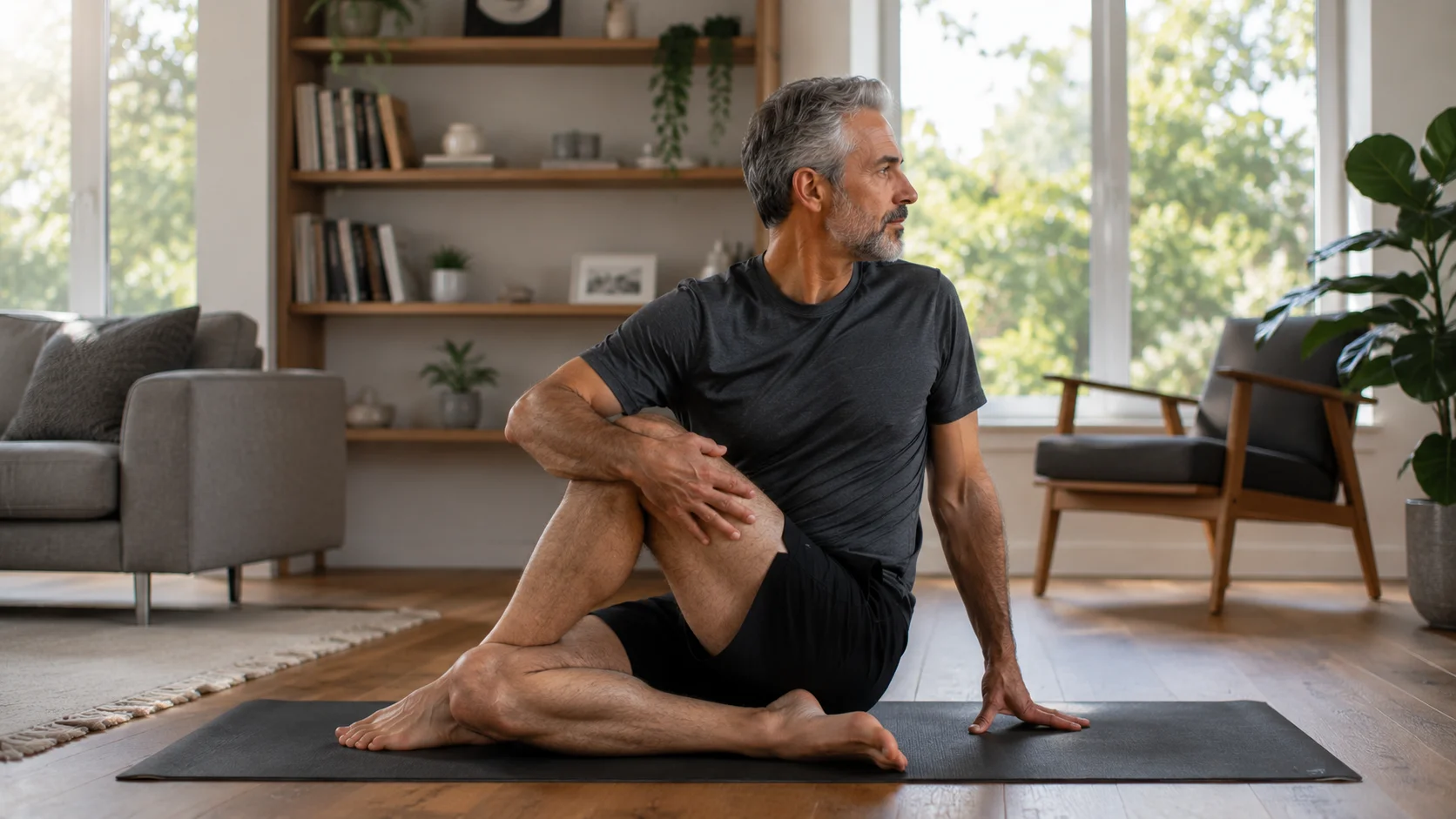 Pause respiration dans un intérieur calme, lumière naturelle et espace pour souffler.