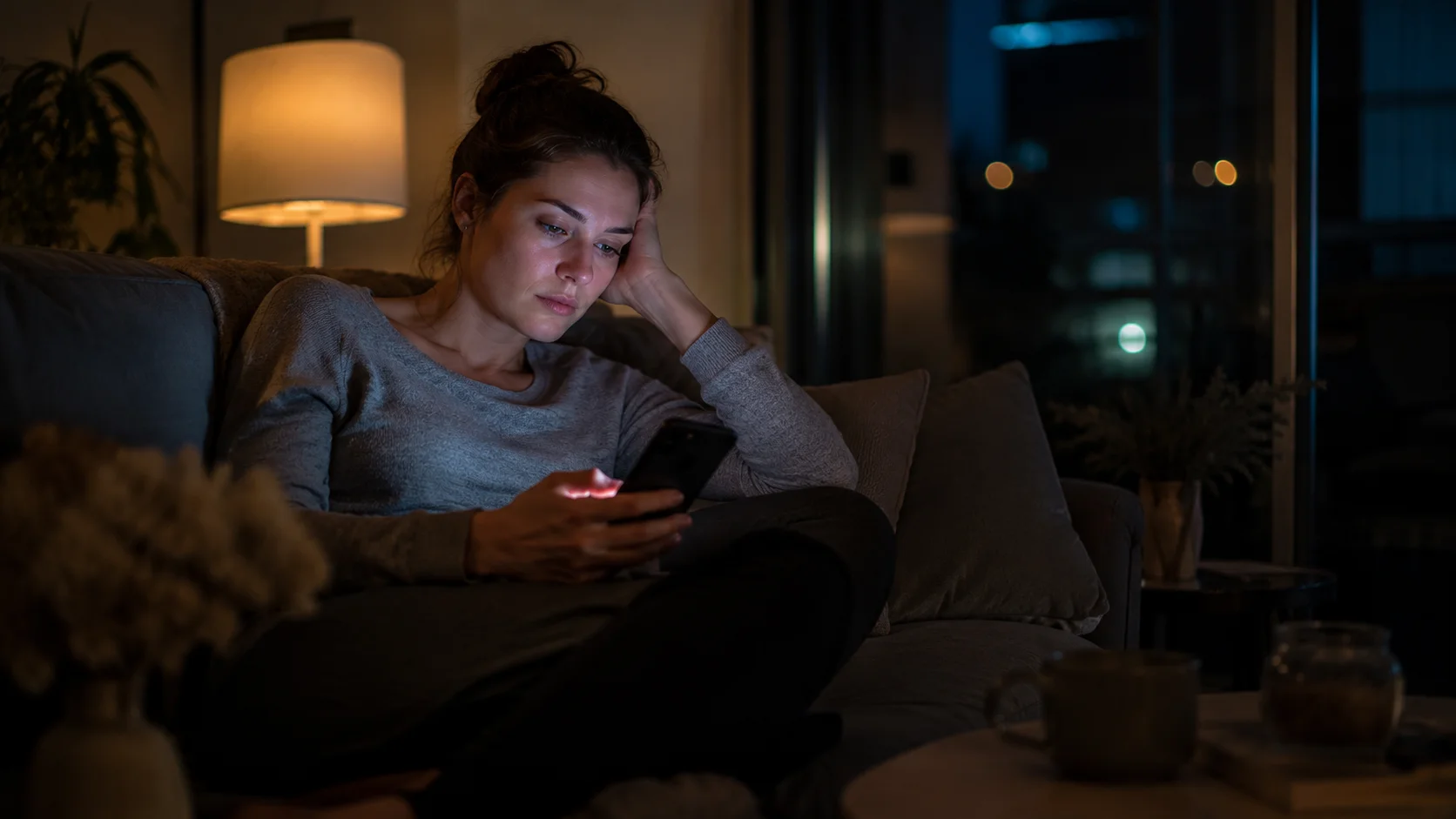Chambre calme la nuit, respiration lente après un réveil nocturne.