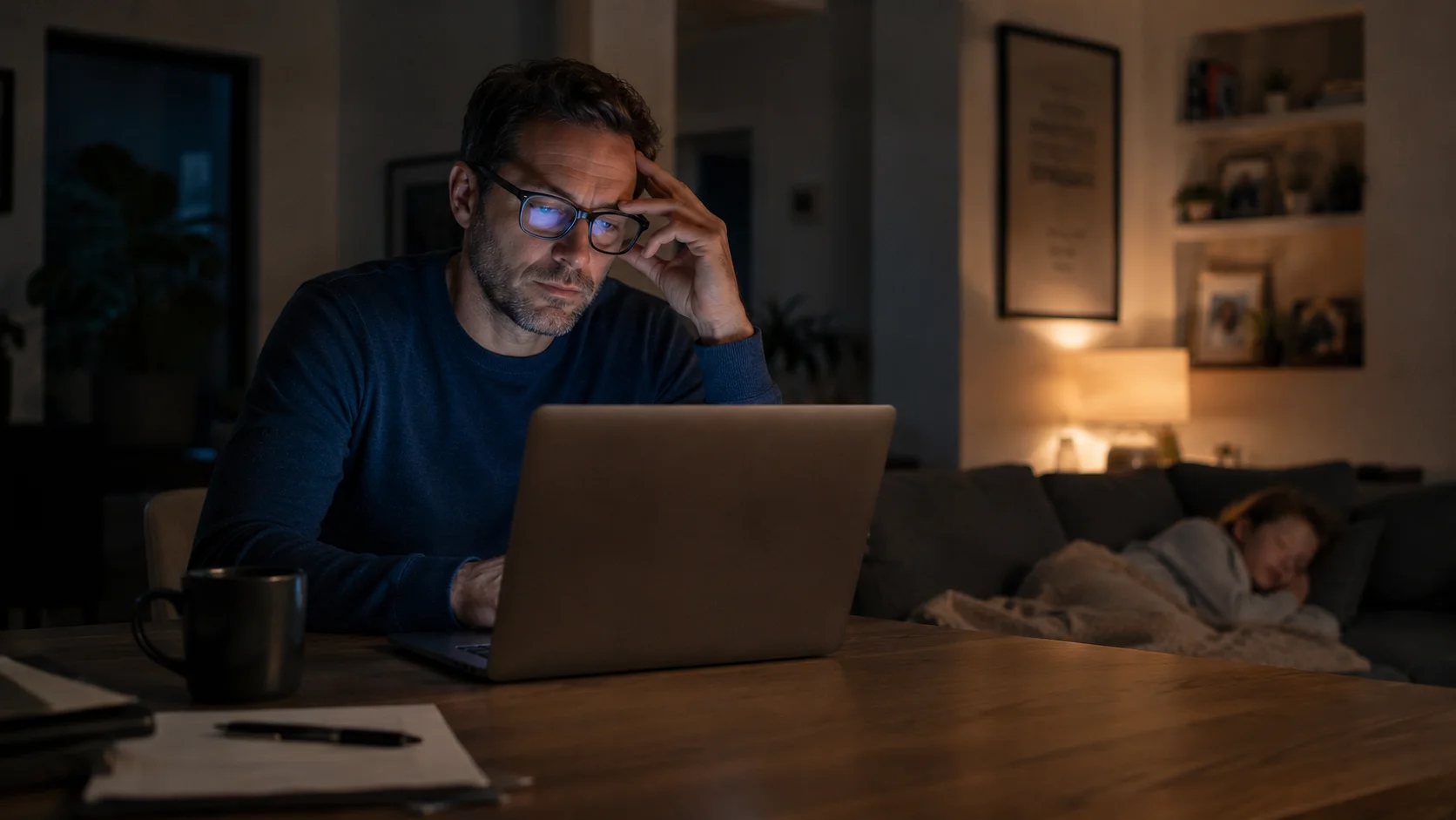 Intérieur tamisé, moment de calme après un réveil nocturne.