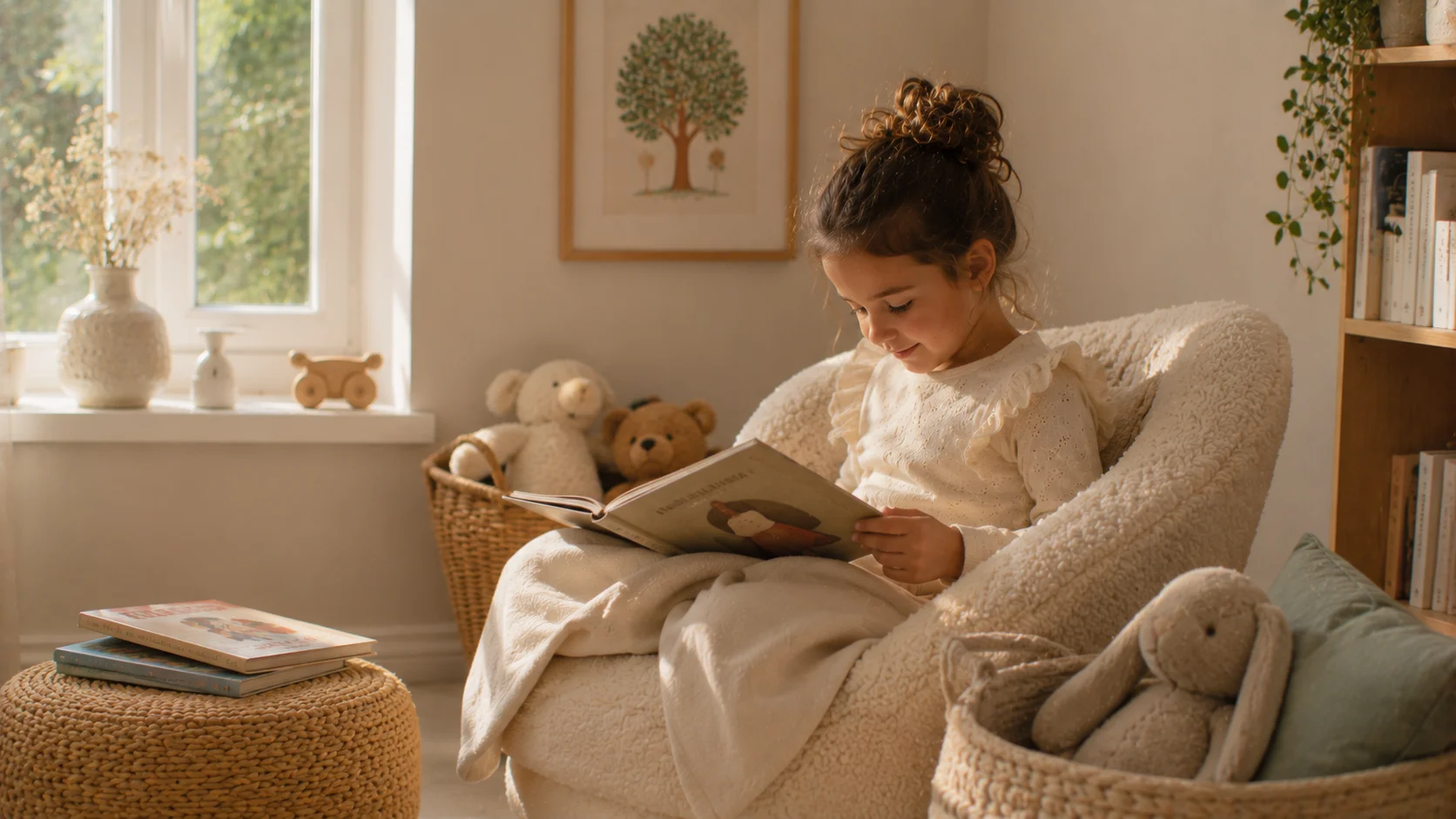 Enfant et parent dans un moment calme, lumière douce.