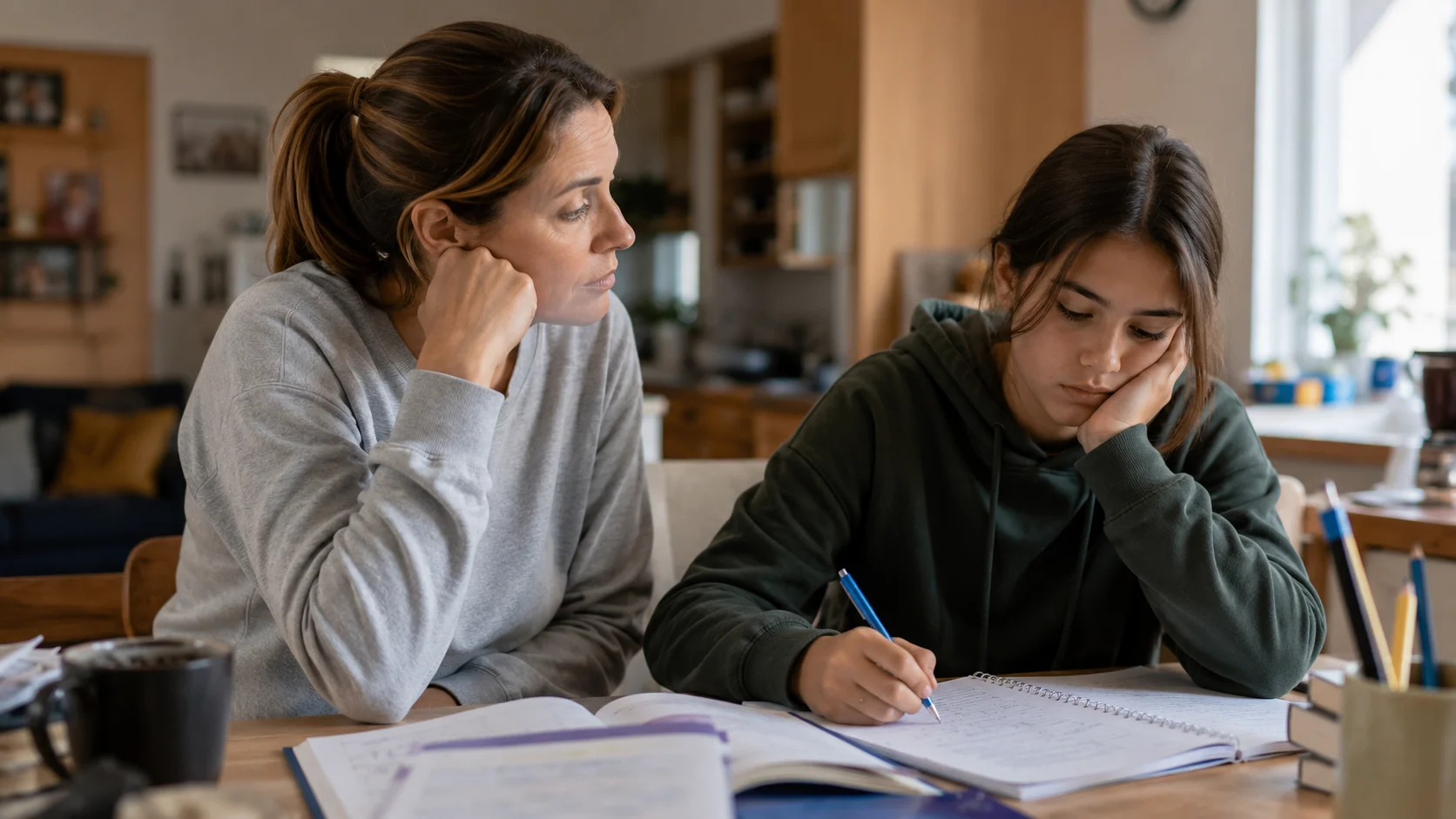 Ambiance douce : intérieur tamisé, moment de soutien après l'école.