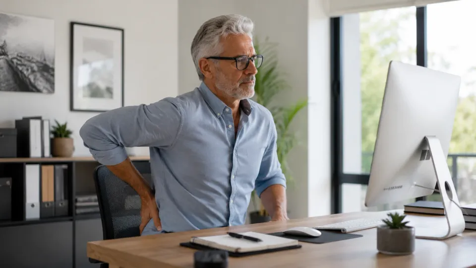 Personne reprenant doucement un mouvement dans un intérieur lumineux.