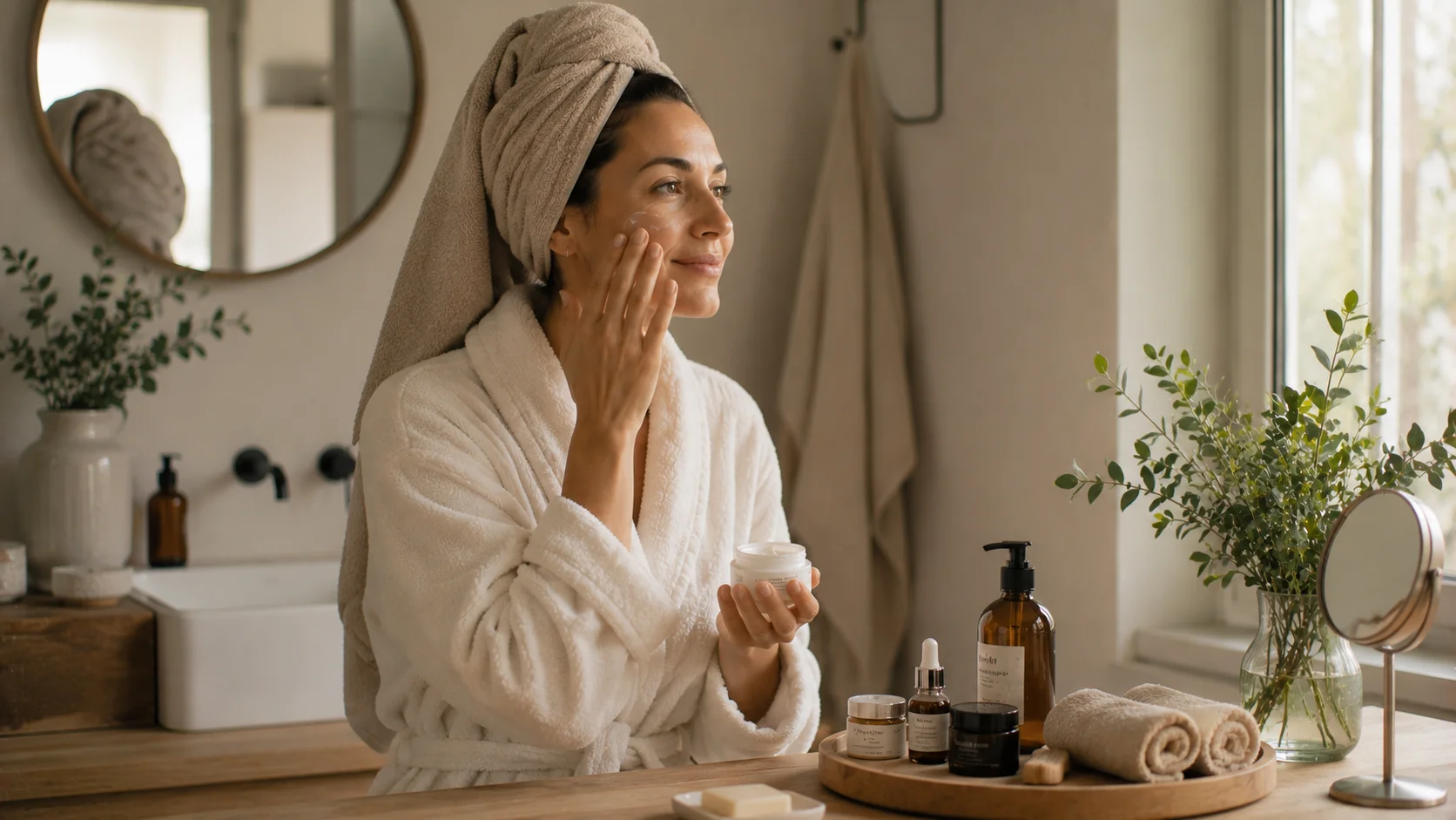 Routine apaisante et bien-être peau sensible, lumière naturelle.