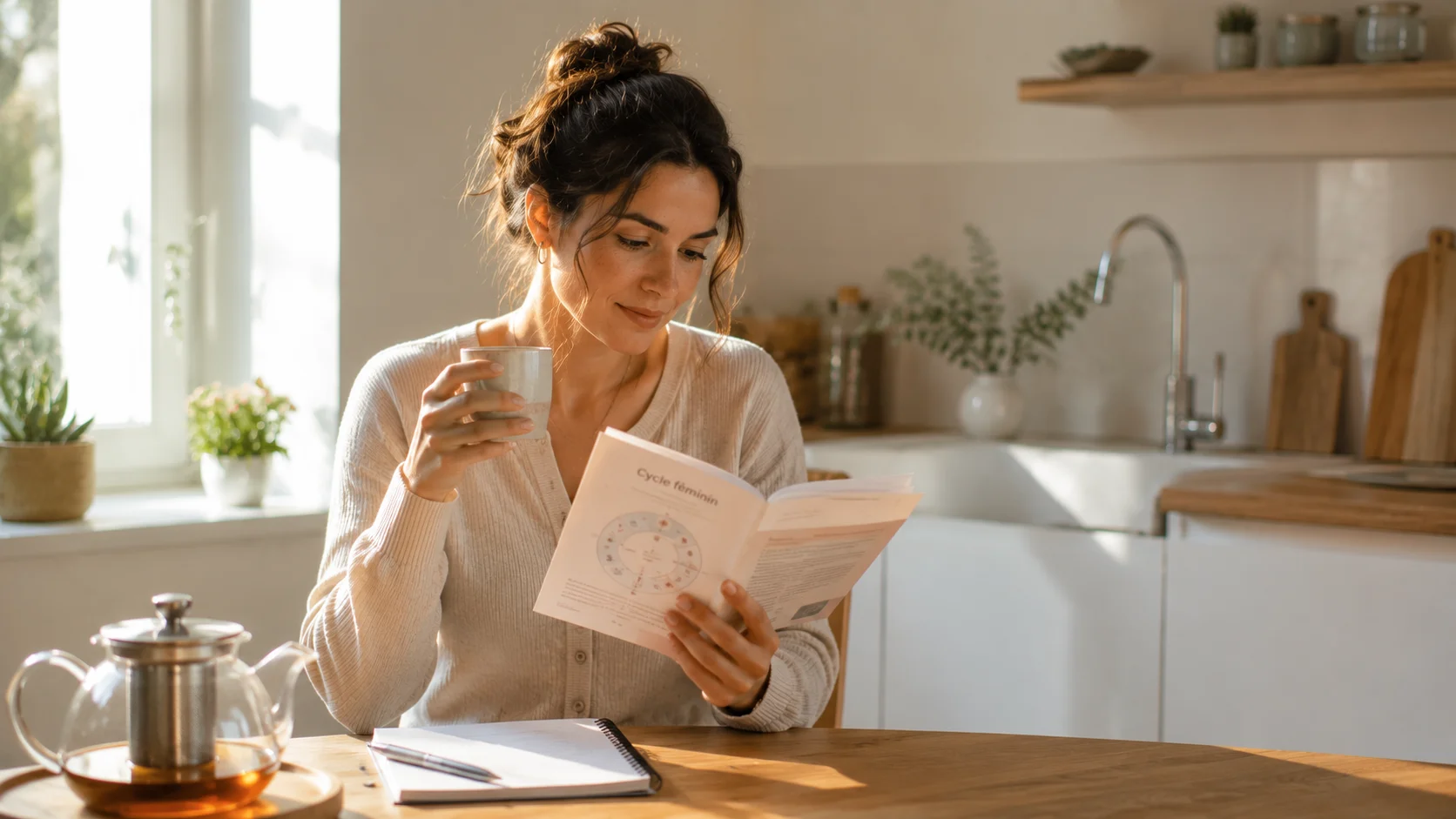 Pause respiration dans un intérieur calme, lumière naturelle et espace pour souffler.