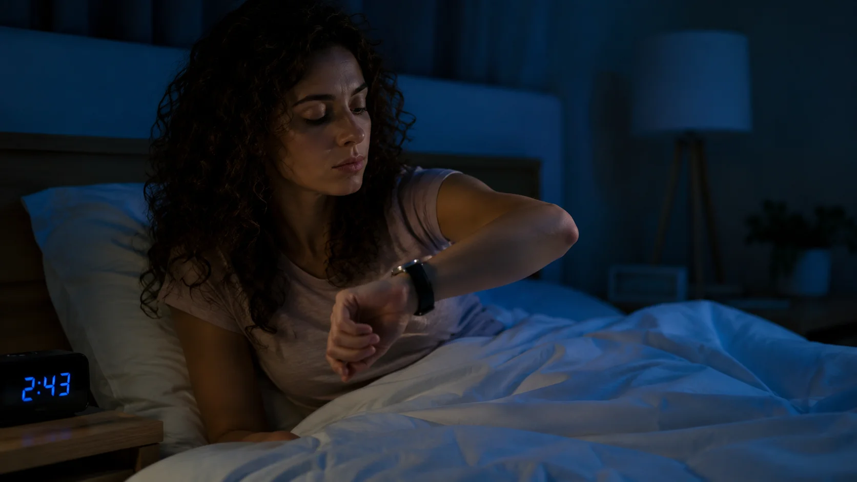 Chambre calme la nuit, respiration lente après un réveil nocturne.