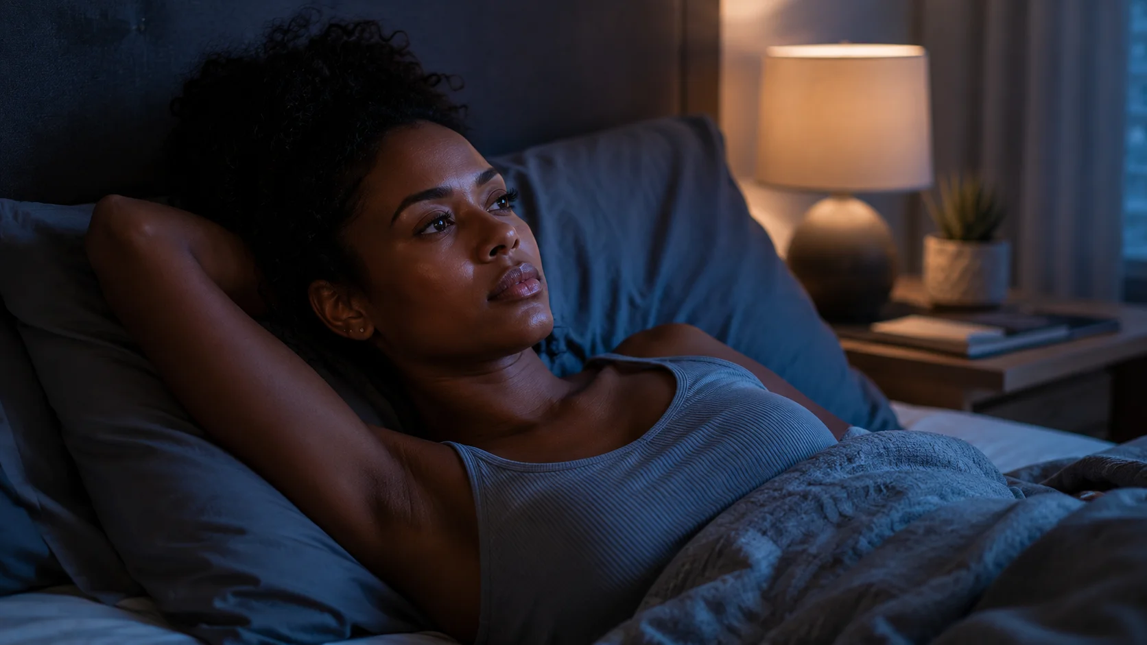 Intérieur tamisé, moment de calme après un réveil nocturne.