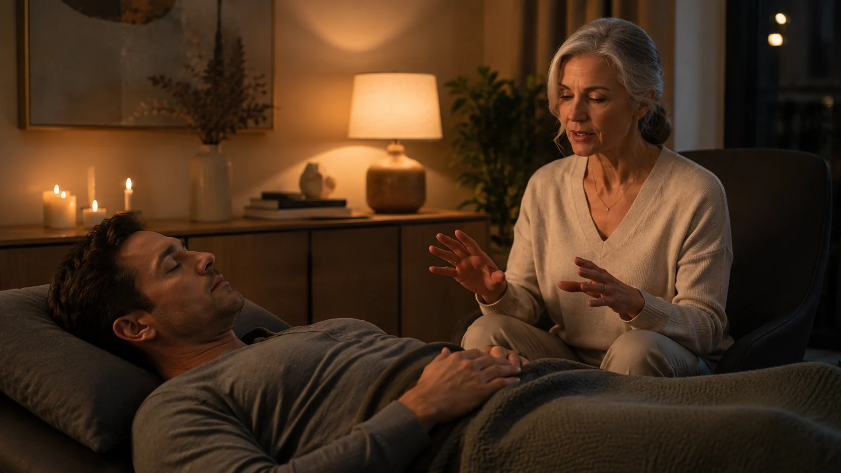 Espace calme, textures naturelles, retour au sommeil après un réveil.