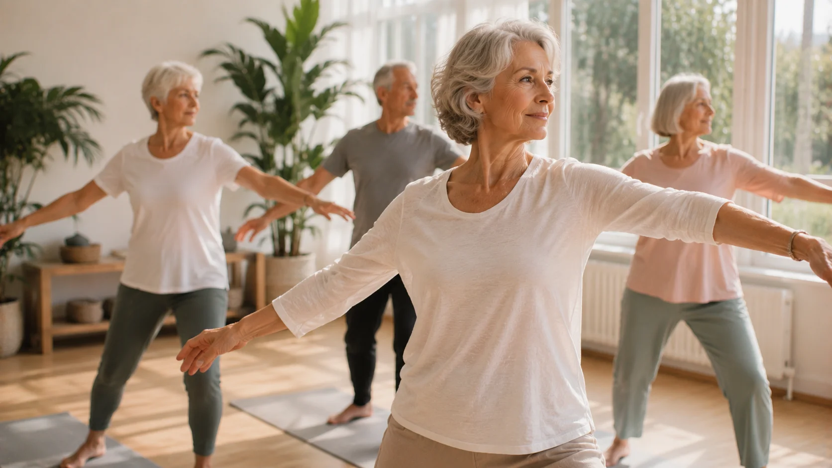Mouvement doux et bien-être senior, lumière naturelle.
