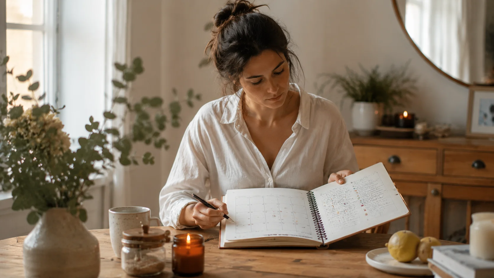 Pause respiration dans un intérieur calme, lumière naturelle et espace pour souffler.