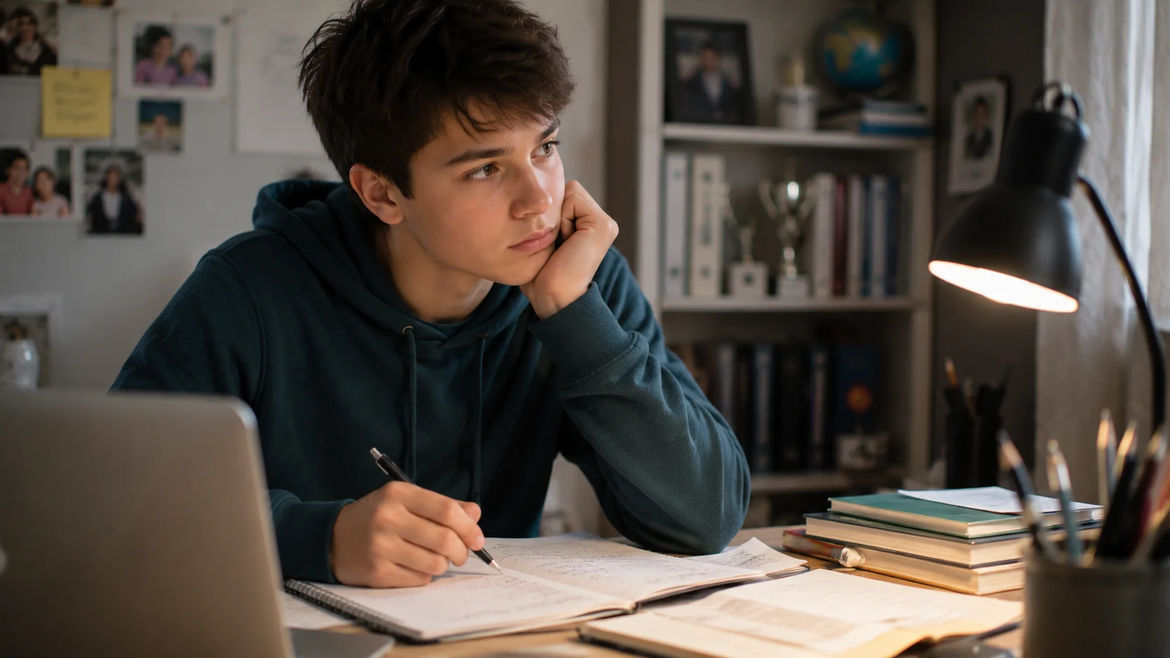 Ambiance douce : intérieur tamisé, moment de soutien après l'école.